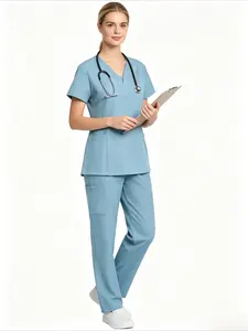 Women's Light Blue V-Neck Scrub Set, 3-Pocket Medical Uniform with Short Sleeve Top & Elastic Waist Pants, Stretchy Quick-Dry Workwear for Nurses, Doctors & Healthcare Workers