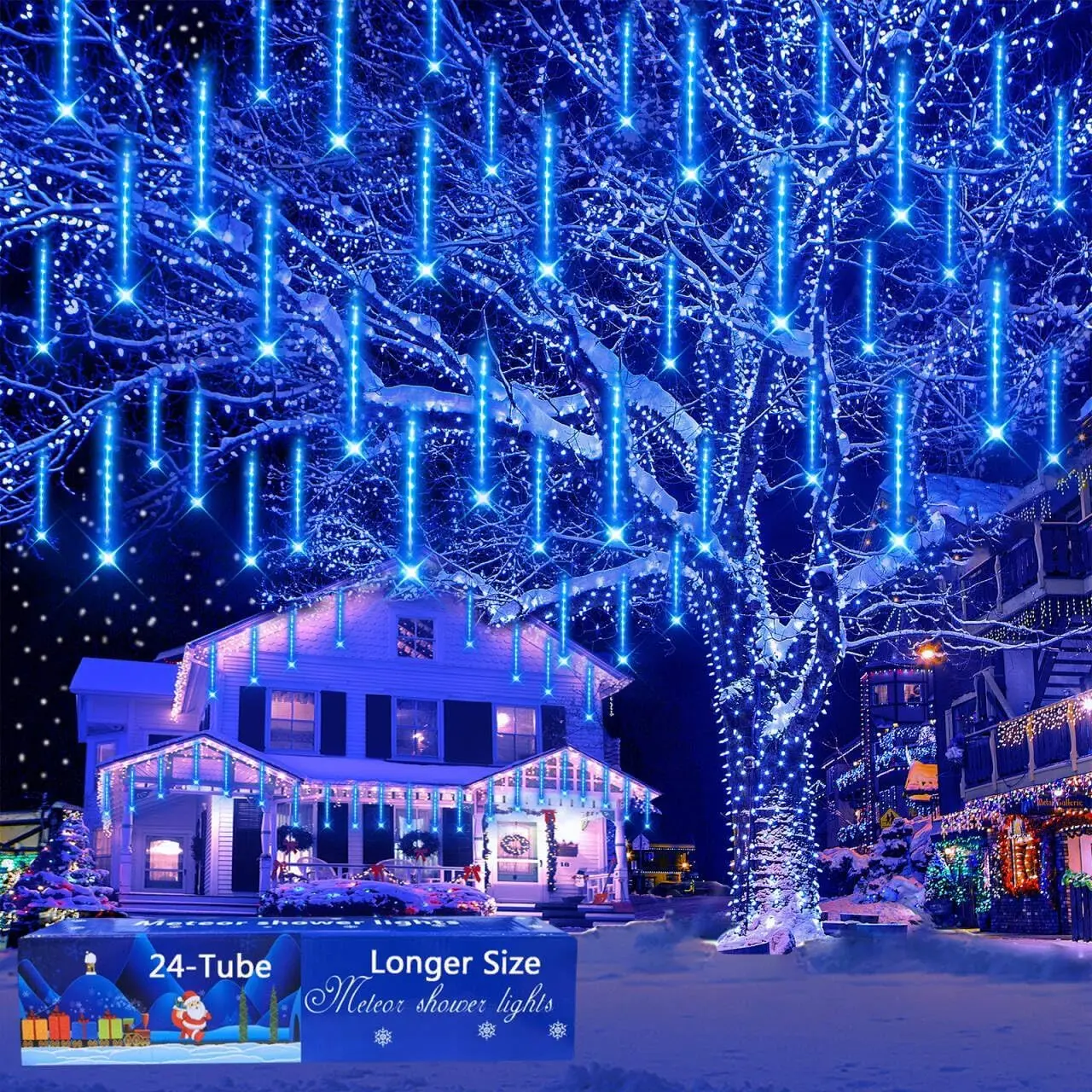 Outdoor Christmas Decorations: 24-Tube Meteor Shower Lights 576 LED Snow Falling Icicle Christmas Lights Outdoor for House Tree Yard Garden Xmas Decor, UL Plug, Blue