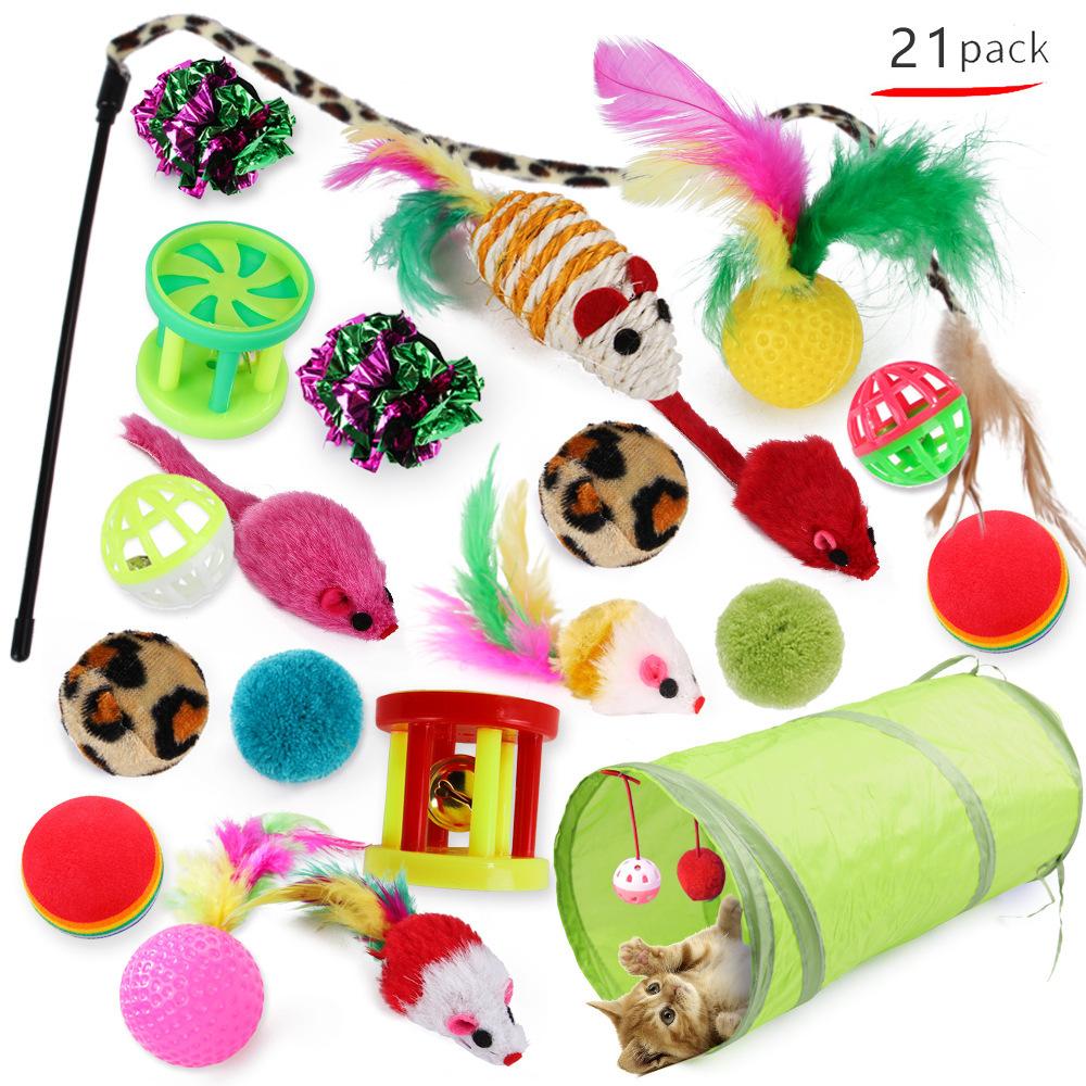 Interactive 21Pcs Cat Toys Kit Collapsible Cat Tunnel Feather Wand Plush Mouse Variety Pack for Indoor Cats Rechargeable Livestock Prod with Flexible Shaft pet stuff dog pepper spray dog bugs detector reverse slow feeder shaped harness silicone k9