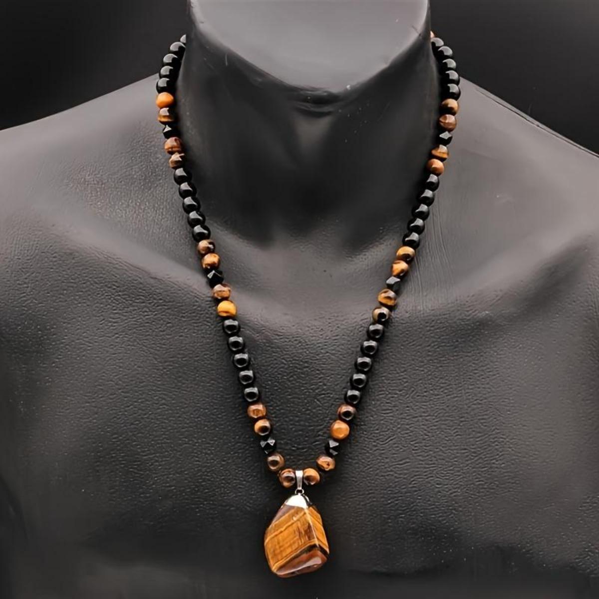 1 Piece Fashionable Retro Natural Tiger's Eye Geometric Pendant Adjustable Beaded Necklace Men's and Women's Daily Wear  Gifts magnetic field therapy  durable stylish girl inspirational jewelry brass chain encouragement men punk style cross vintage men