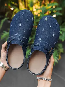 Men's Shoes Retro Baotou Half Slippers Slip On Mules Outdoor Sports and Leisure Slippers Denim Perforated Design Versatile Sandals