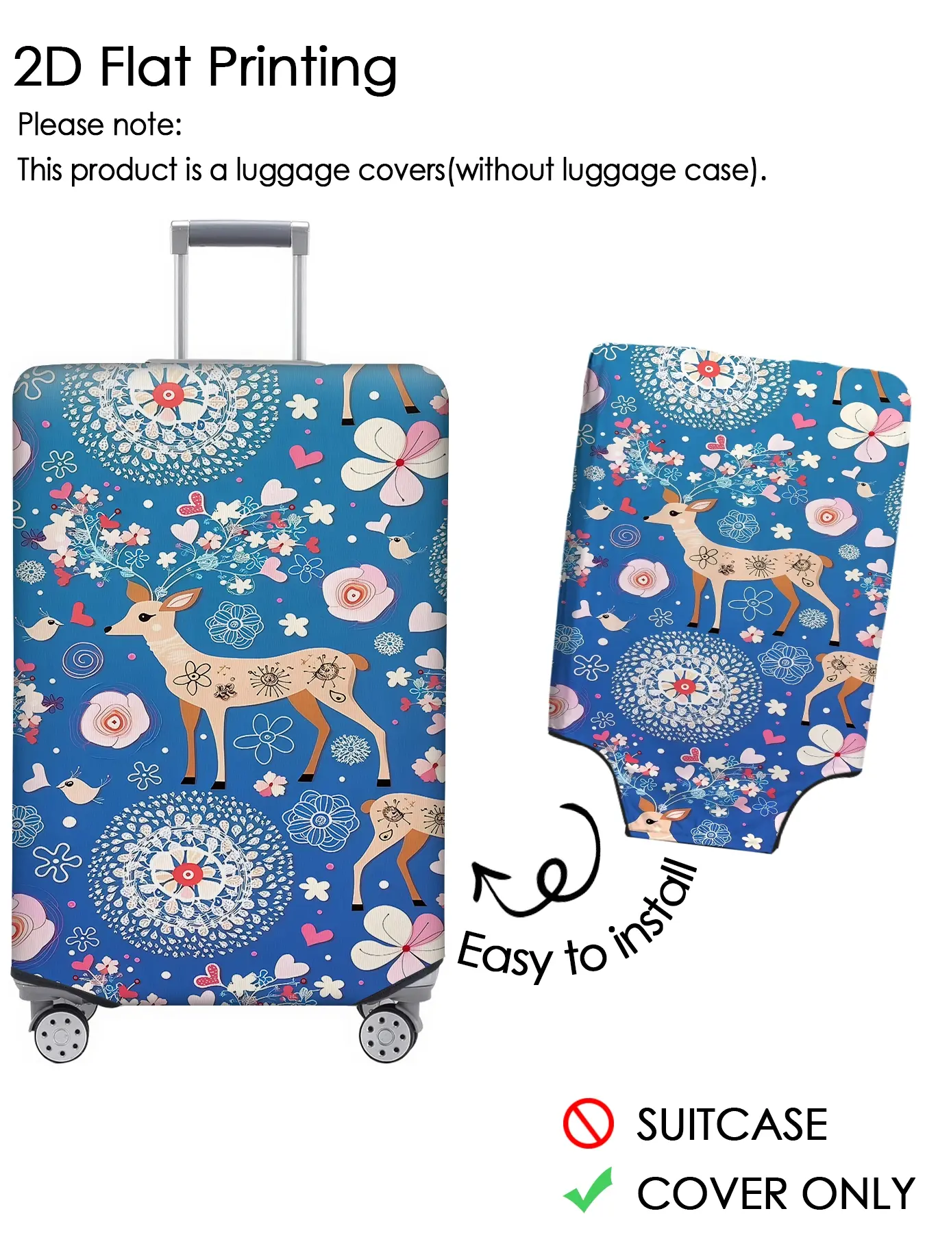Blue background reindeer floral print luggage cover, luggage protection cover, dustproof, scratch resistant, elastic fabric, suitable for 18-32 inch luggage, essential travel accessory, Traveling Essentials