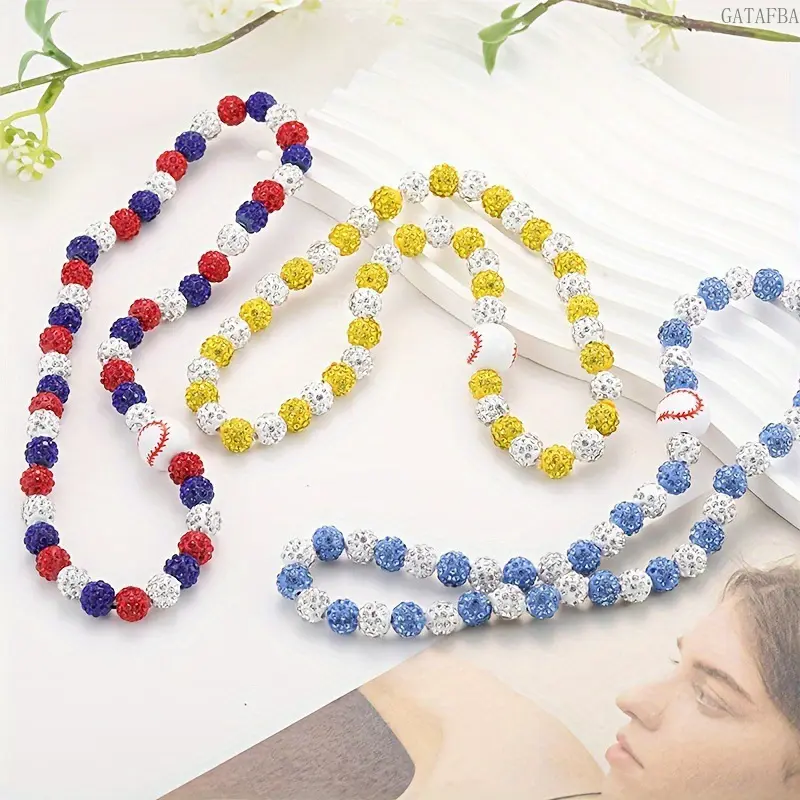 Baseball Pendant Necklace Colorful Red Blue Rhinestone Ball Hip Hop Layered Clavicle Chain Sport Inspired Statement Jewelry for Athlete Fans Daily Street Casual Game Day Outfits