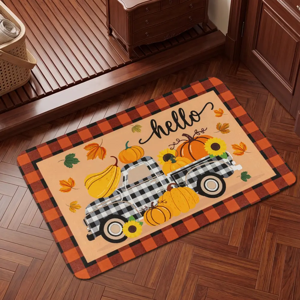 Rectangular Halloween Fall Non-Slip Buffalo Plaid Door Mat, Pumpkin Truck Design, Welcome Entrance Mat for Outdoor Festive Decor - Variety Pack, Multiple Packs Option