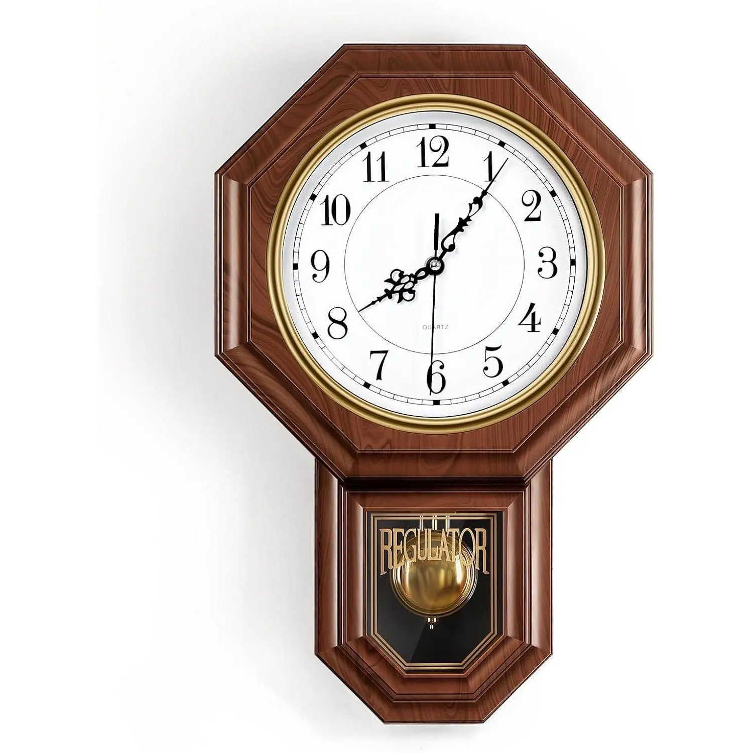 Pendulum Wall Clock, Brown Imitation Wood Plastic Regulator, Battery Operated Non-Ticking, Retro Wall Decor Gift, Easy to Read, for Living Room Dining Room Schoolhouse FarmhouseGift
