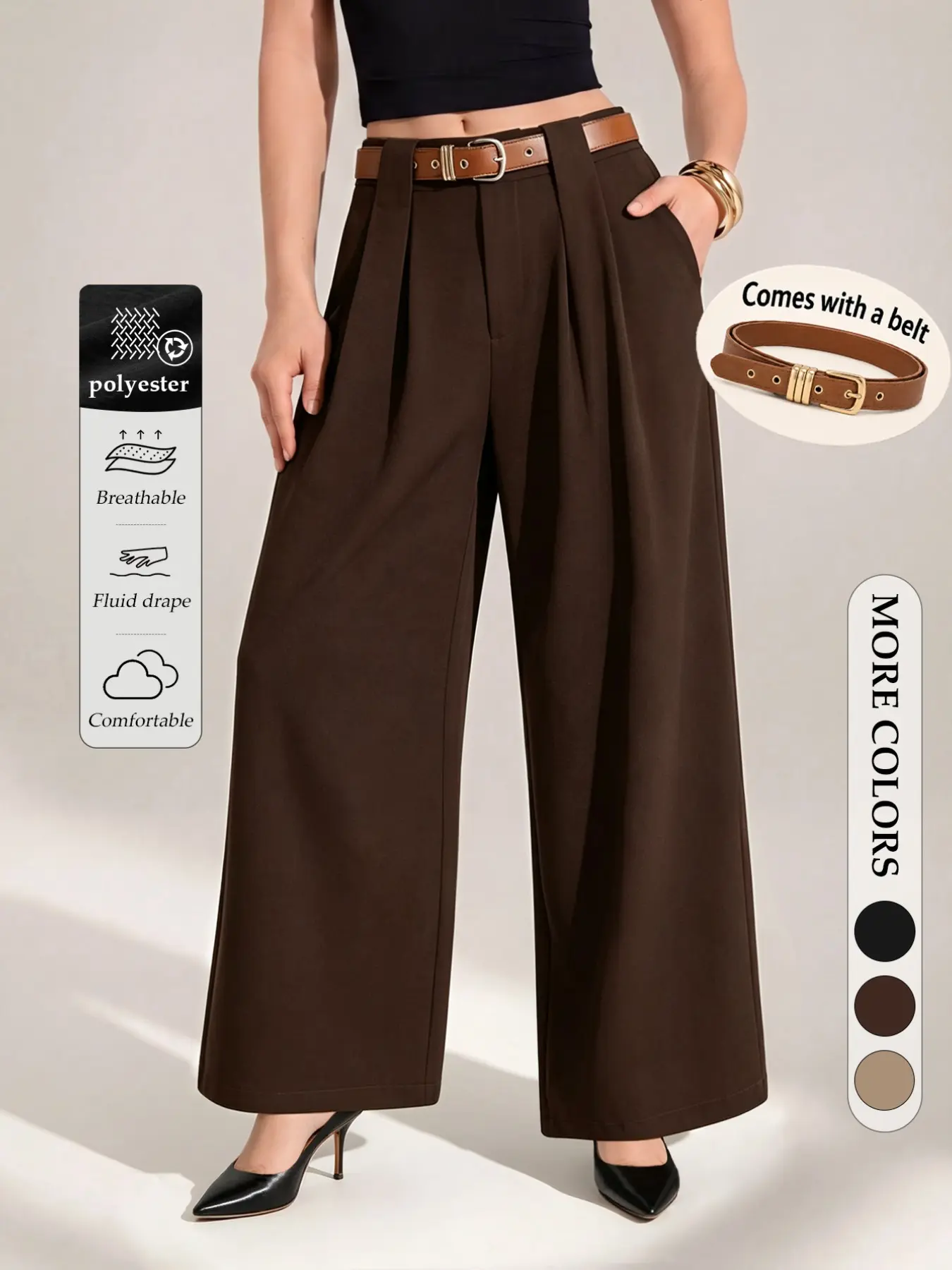 Plus Size Women’s High Waisted Wide Leg Dress Pants with Belt, Front Pleated Wrinkle Resistant Trousers for Office Work, Business Casual and Commuting