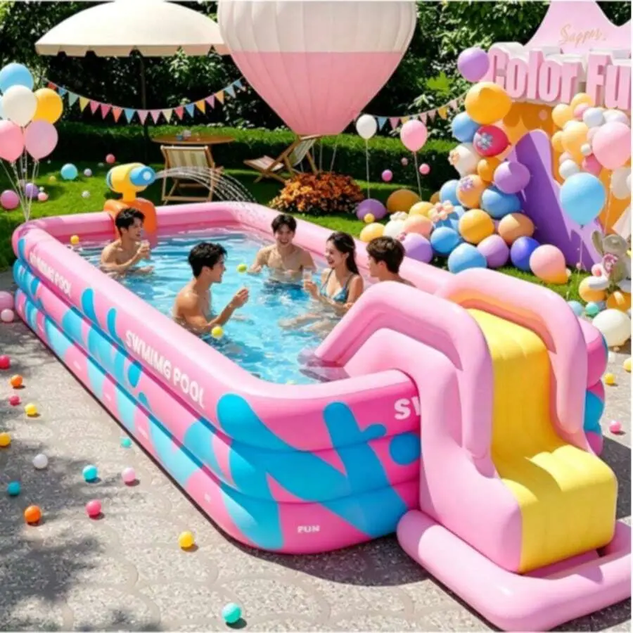 1pc Luxury Foldable Portable Multi-Layer Inflatable Swimming Pool For People And Family Use - Soft Thickened PVC Material, Suitable For Garden, Backyard Or Rooftop Relaxation Water Entertainment Equipment, Large Pink/Blue Inflatable Pool, Mobile Ground Wa