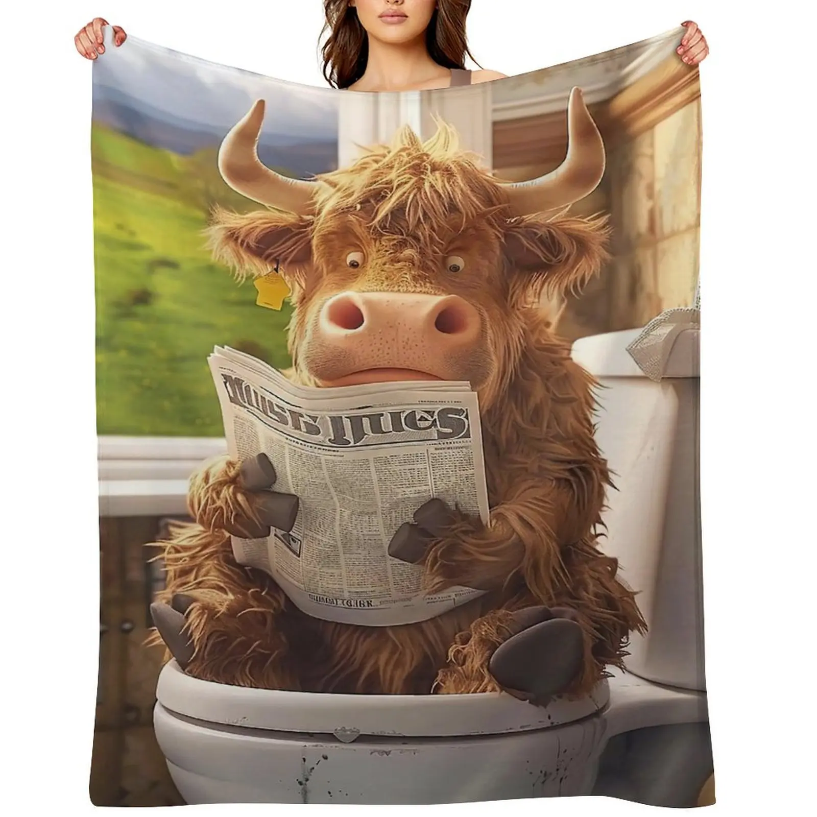 Funny Highland Cow Bathroom Blanket - 50x60 in 1-Piece Flannel Cloth, Cute Cow Print, Vintage Cattle Reading Newspaper Decor for Home/Office/Car