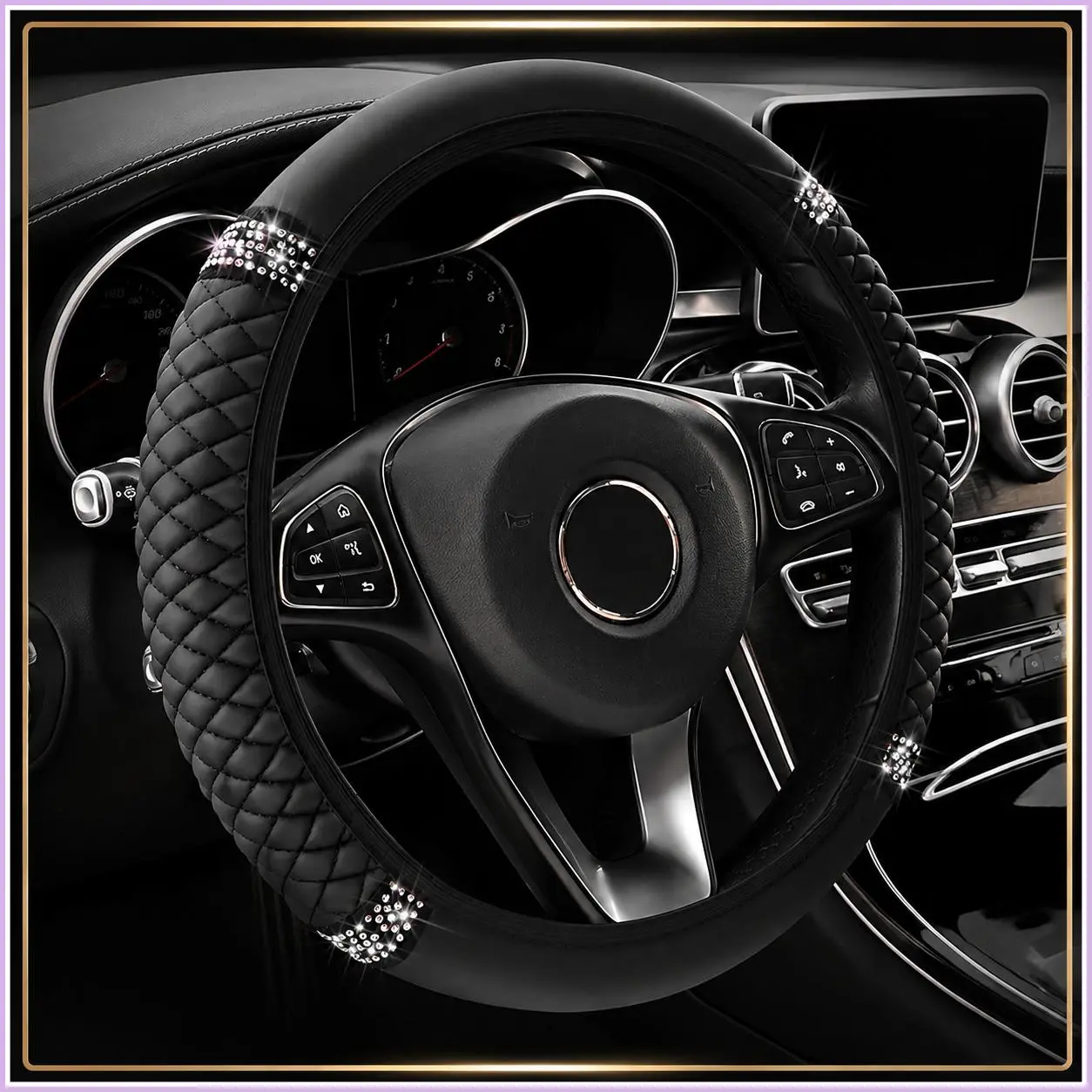 💎 Universal Bling Rhinestone Steering Wheel Cover for Women, Sparkly Crystal Diamond Leather Car Wheel Protector, Black Luxury Auto Decor, Fits 14.5"-15" Steering Wheels for Sedan, SUV, Van & Truck Car Accessories