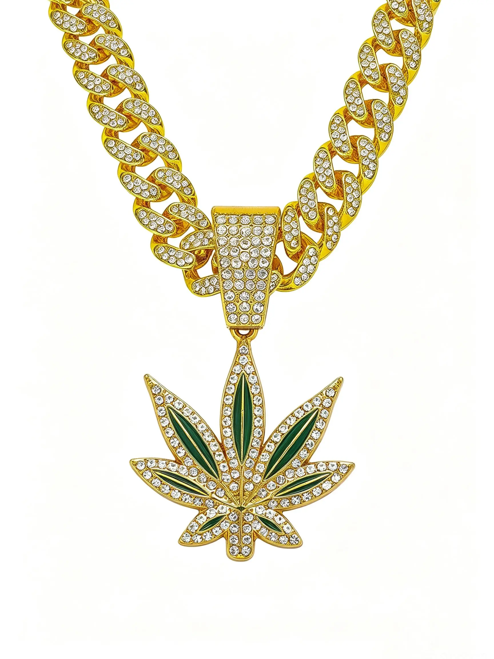 Men's Hip Hop Rhinestone Leaf Necklace, Trendy Luxury Zinc Alloy Cuban Chain, Cool Rock golden Jewelry