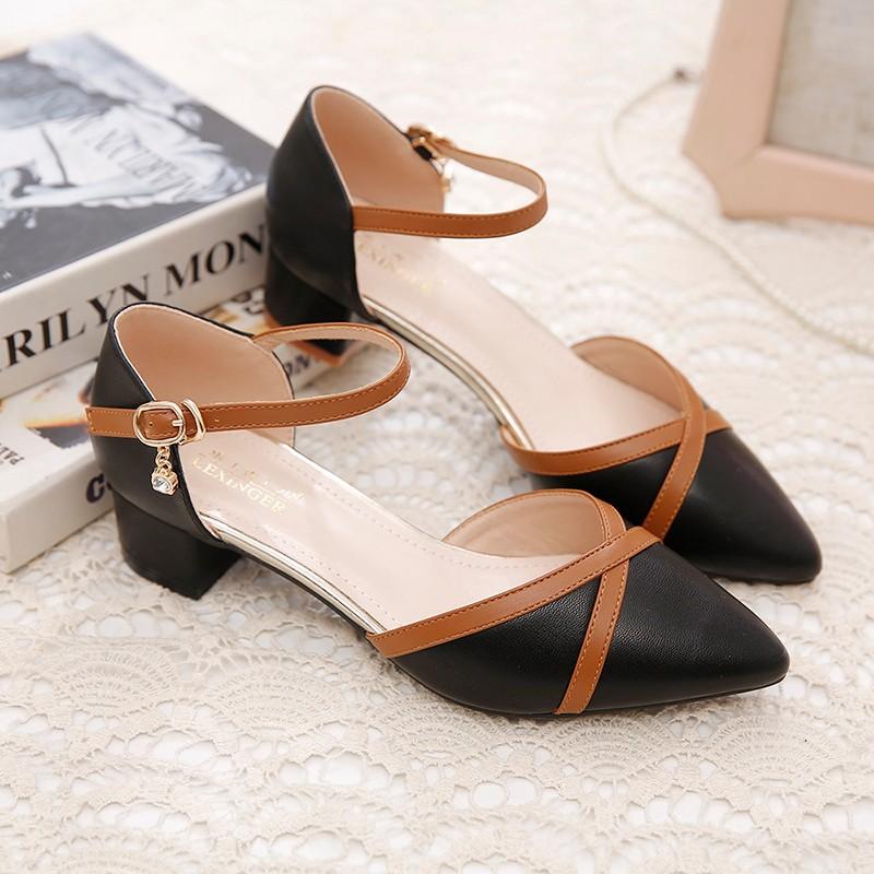 Women High Heeled Closed Toe Sandals Summer French Style Medium Chunky Heel Pointed Toe Ankle Strap