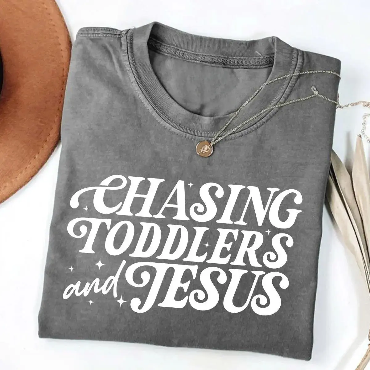 Chasing Jesus and Toddlers T-Shirt, Casual Faith-Based Graphic Top for Christian Moms, Soft 100% Cotton Crew Neck