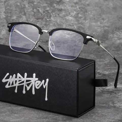 SUPKLEY Men's Casual College Style Half Rim Glasses, Stainless Steel Square Frame, Blue Light Blocking, Fashionable Everyday Eyewear, High-Quality Eyeglasses, Trendy Casual Glasses