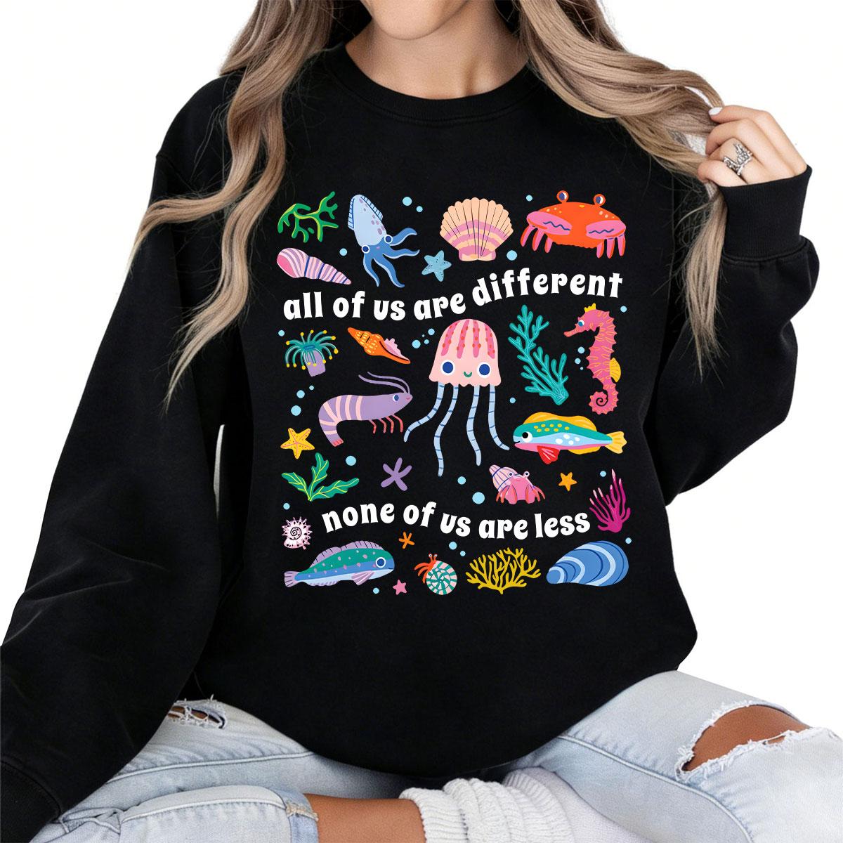 Inclusion Autism T-Shirt All of Us Are Different Neurodivergent Shirt Ocean Lover Special Education Teacher Tee Made In USA For Women For Men [ZinniaZip cotton t-shirt/sweatshirt/hoodie, soft and comfortable]