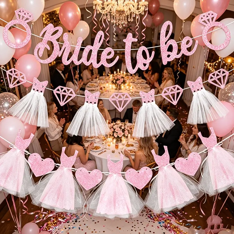 14pcs Bridal Bachelorette Party Flags, Glitter Singles Party Decor, with Organza Dress and Diamond Ring, Perfect for Wedding Gift Parties
