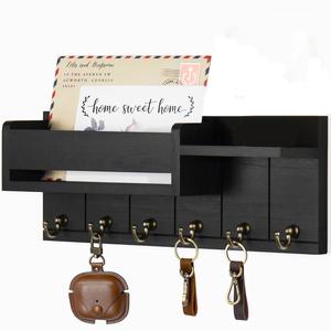 wall mounted key organizer storage holder, 1 count wooden wall shelf with 6 key hooks, mail organizer storage sorter, home organizer for living room entrance decor, household items, organizing