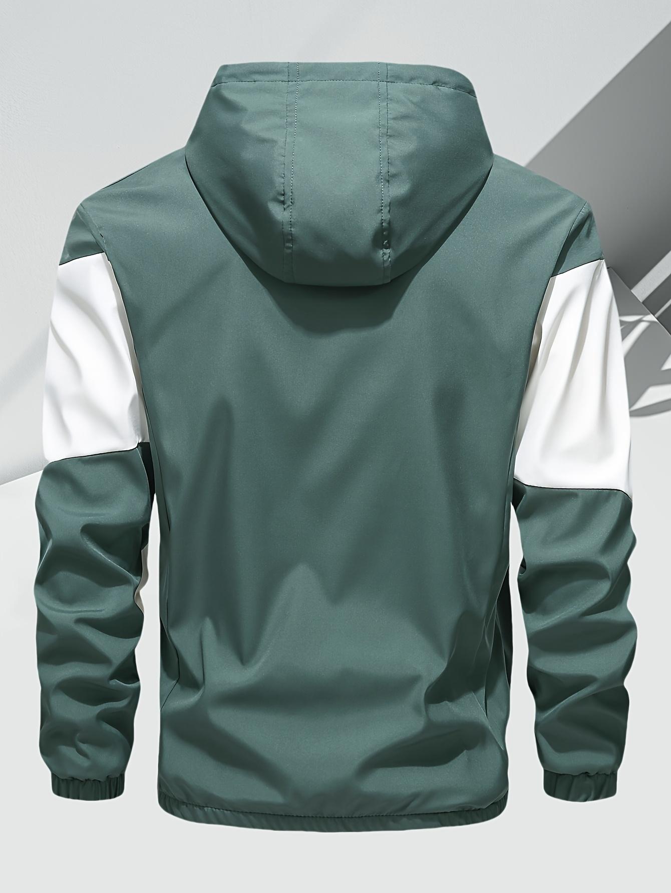 Men's casual two-piece set, stylish contrasting zipper hooded jacket, breathable solid color drawstring pants