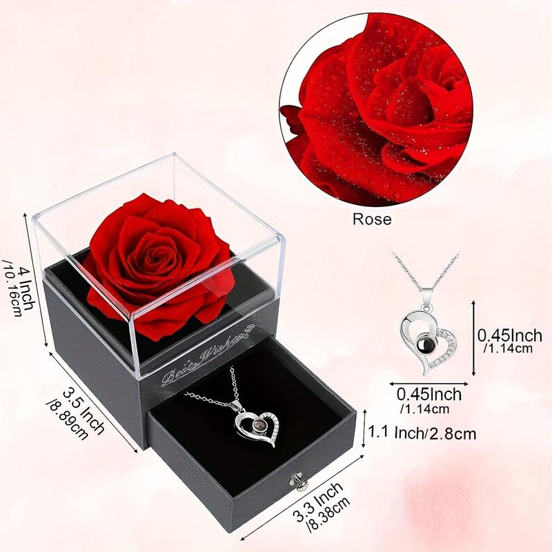 Forever Red Rose Gift Box with Necklace - Real eternal rose with women necklace inside, Enchanted Real Rose Flower for Valentine's Day Anniversary Wedding Romantic Gifts for Her.
