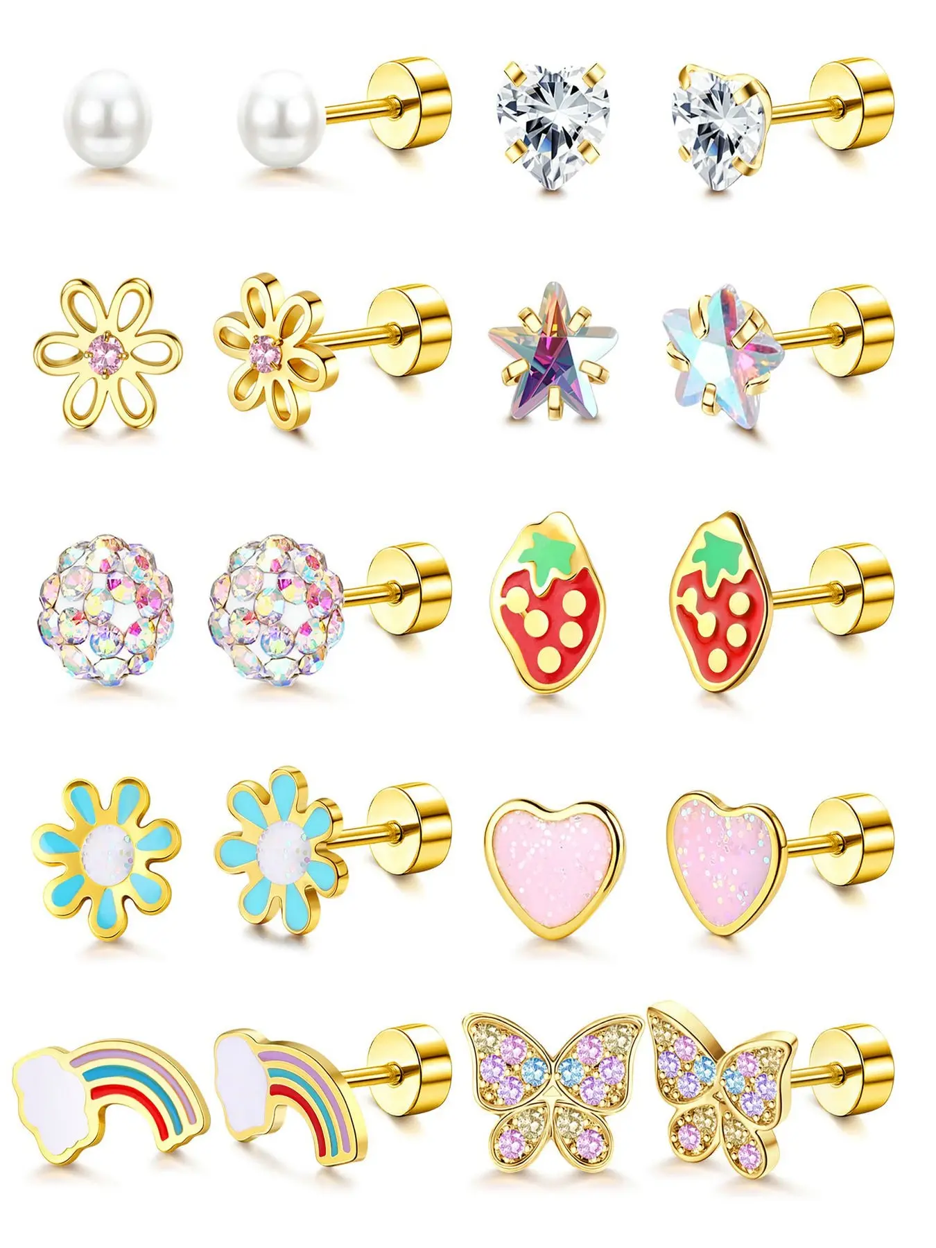 Hypoallergenic Flat Back Earrings for Girls Kids Toddler Women 10 Pair Surgical Stainless Steel Screw Back Stud Earrings for Sensitive Ears Flower, Floral Stud Earrings Screwback Girl Earrings age：over 4 years old