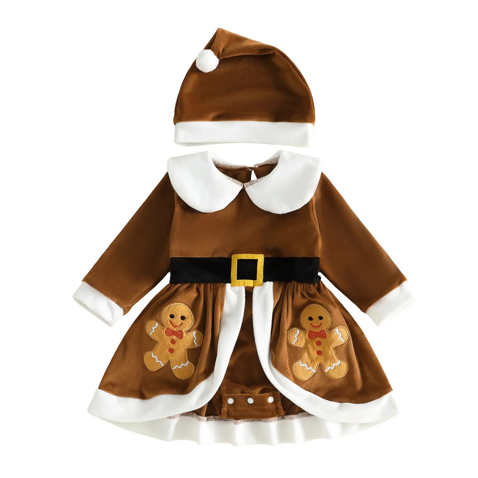 REDWOON Newborn Baby Girl Christmas Gingerbread Man Romper Dress Faux Fur Trim Collar Bodysuit with Hat Holiday Photo Outfit 0-18M