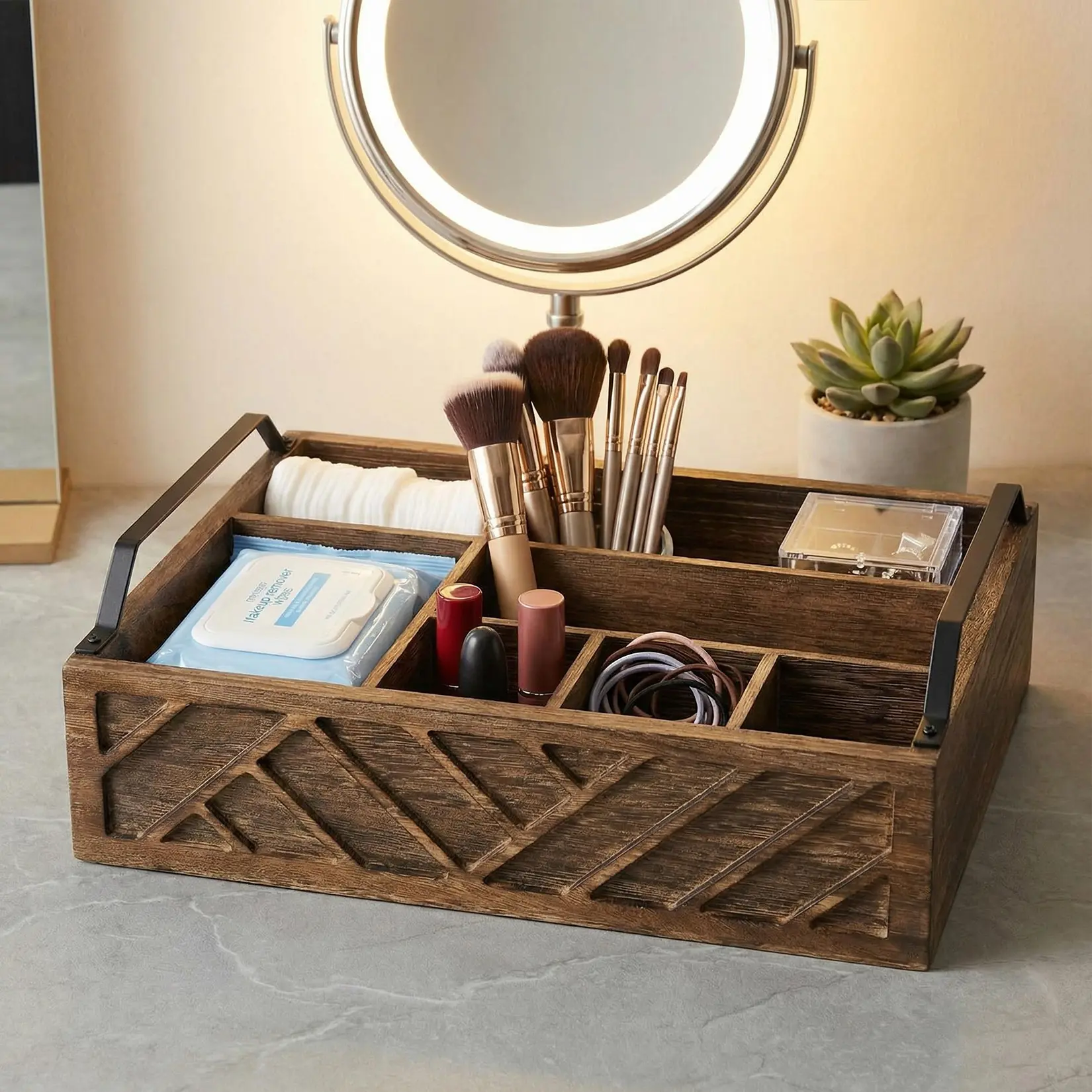 Farmhouse Expandable Wooden Kitchen Caddy Organizer with Handles - 6 Compartments - Countertop Storage Rack for Plates, Utensils, Napkins, Cups, Straws - Portable for Parties, Picnics