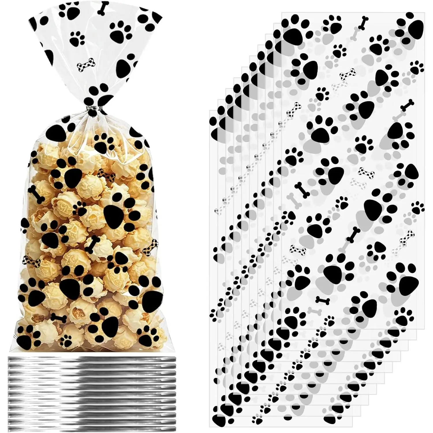 100 count   Bags 10.8 x 5 inch, Paw Print and  Cellophane Candy  Bags with Twist Ties,   Bags for   Party Favors and Decorations, Puppy Birthday Supplies