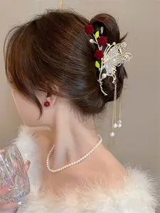 Elegant Rose Flower Butterfly Tassel Hair Clip, New Chinese Style Pearl Pendant Shark Clip, Vintage Bride Headpiece, Luxury Rhinestone Hair Accessory