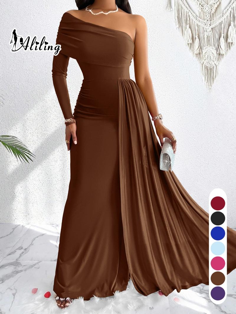 Aliling Women's Elegant Christmas Evening Dress, Asymmetrical One-Shoulder Maxi Gown, High-Waisted Ruched Long Dress