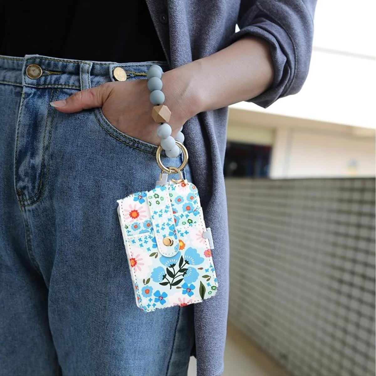 Floral PU Leather Zipper Wallet & Keychain with Silicone Bead Bracelet,Boho Style Wristlet Small Credit Card Holder Bracelet Key Chain Purse Bangle Tassel Beads for Women,  Valentine’s Day, or Everyday Use, Versatile Wallet | Chic Bracelet Wallet