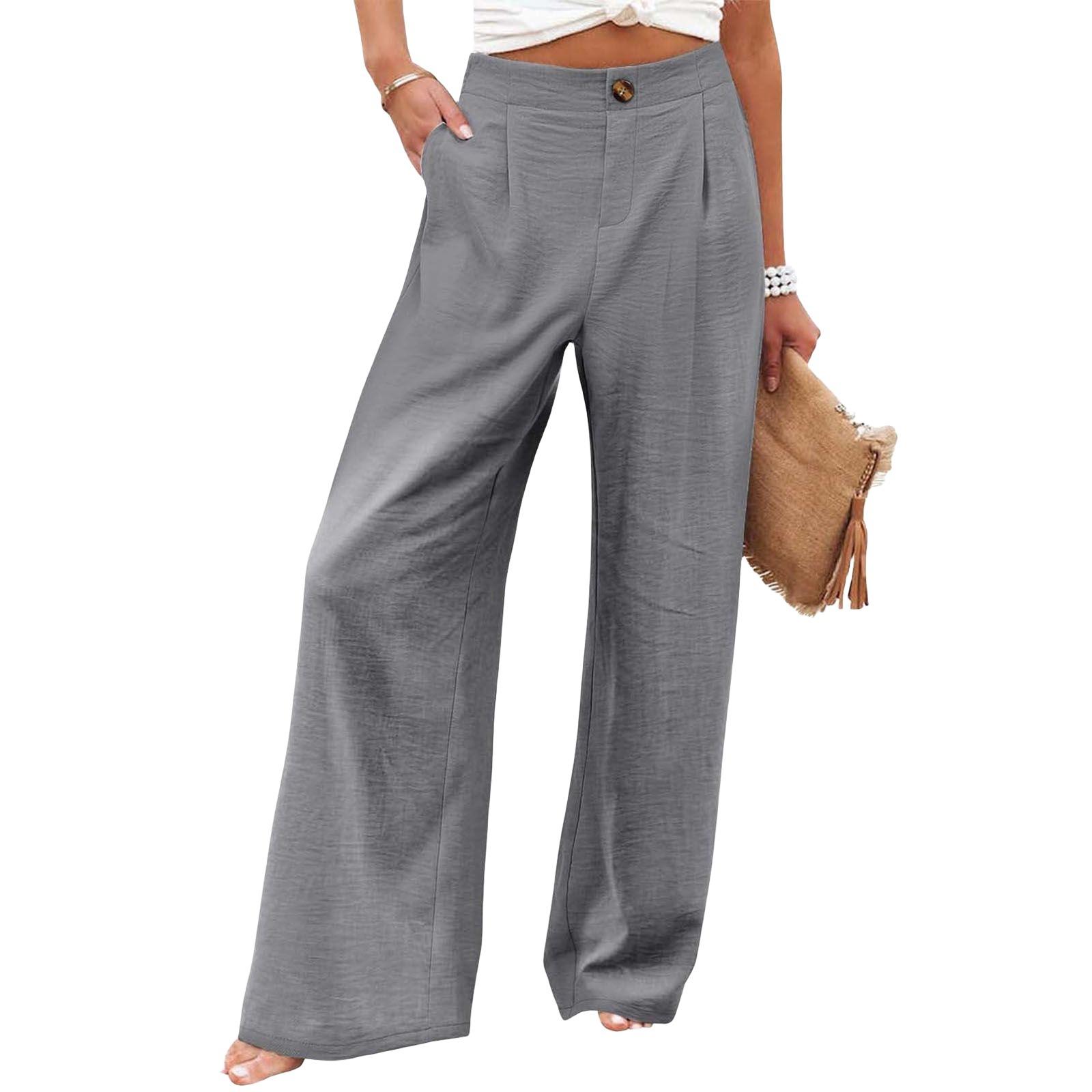 Women's Commuting and Vacation Summer Comfortable High-Waisted Long Pants with Buttons, Elastic Waist, Wide-Leg Casual Straight Pants