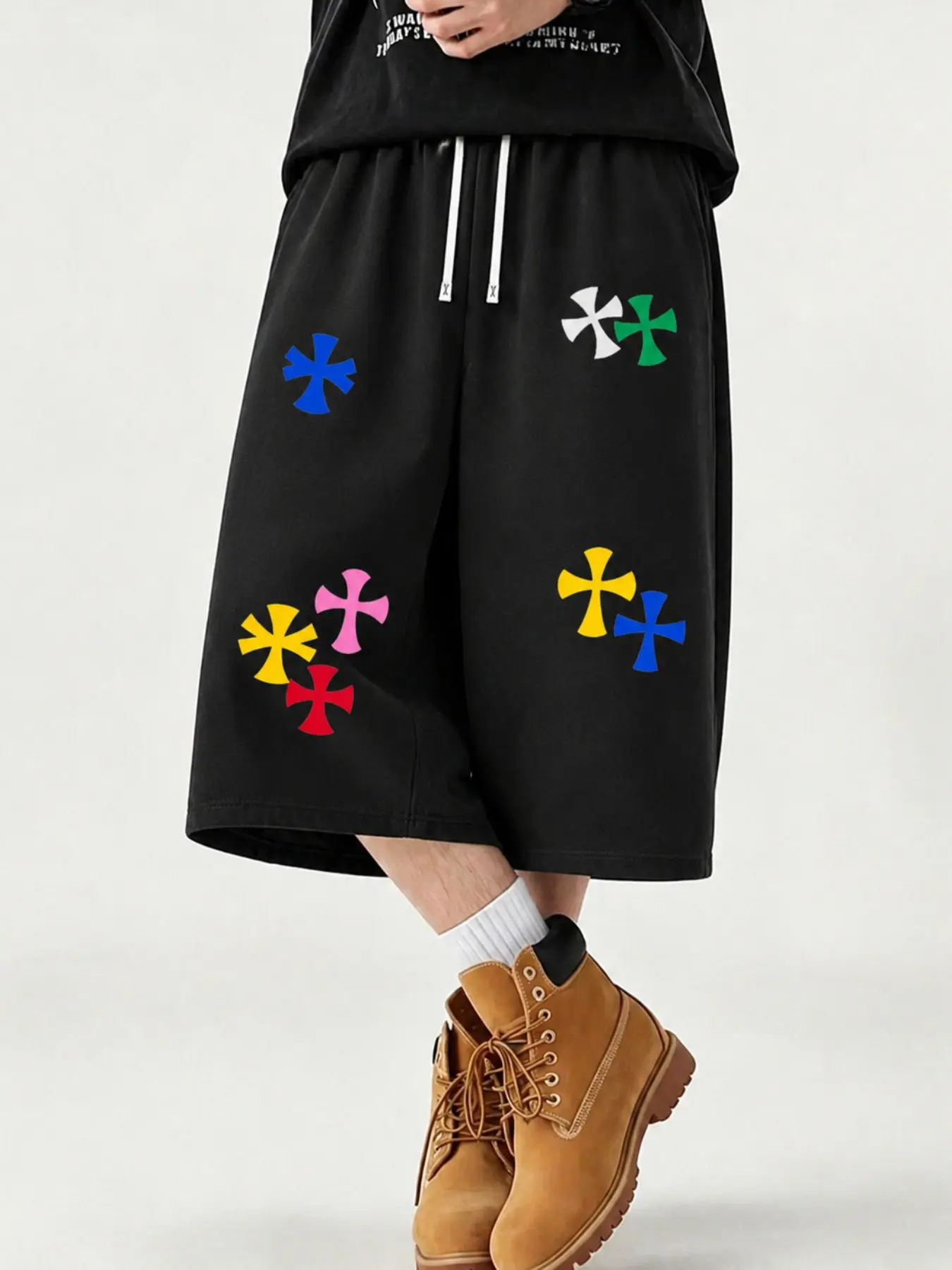 Men's Black Baggy Graphic Bermuda Shorts, Street Style Shorts, Knee-Length Wide-Leg Drawstring Shorts with Colorful Cross Symbol Prints, Retro Y2K Streetwear Bottoms for Summer, Campus Outfits, Skate Looks, Casual Weekends, and Hip Hop Styling