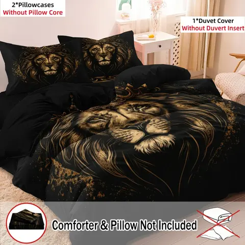 Lion & Crown Print Bedding Duvet Cover Set, Including 1 Duvet Cover & 2 Pillowcase without Filler, Bedding Supplies for Home Bedroom Hotel, Printed Bedding Set