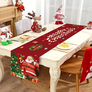 Rustic Retro Christmas Table Runner, Santa Claus Design, Merry Christmas Slogan, Polyester Material, 35x180cm, Holiday Decor