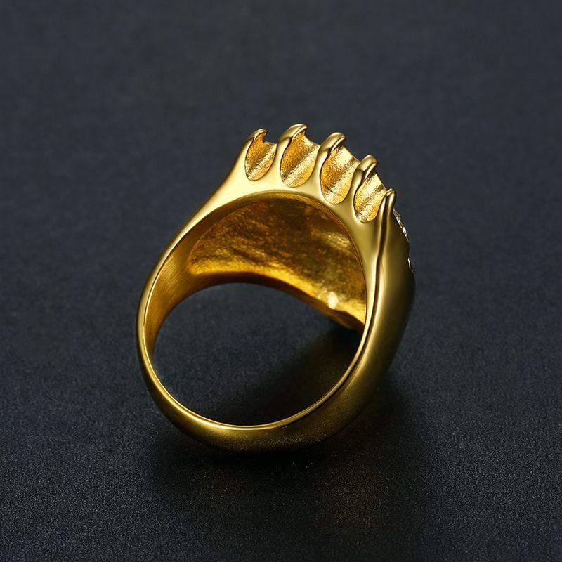 [FLAME] Hip Hop Crown Lion Head Ring Gold Plated Stainless Steel Bling Diamond Inlay Men's Fashion Statement Punk Street Hip Hop Jewelry Accessories