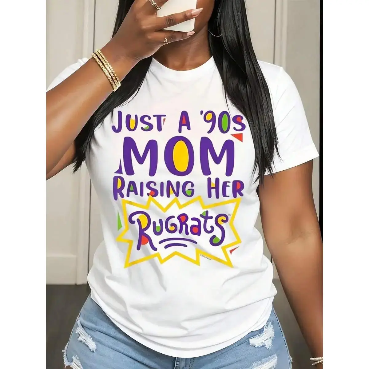 Just A 90s Mom Raising Her Rugrats T Shirt For Women Vintage Nostalgic Parenting Gift 90s Themed Funny Shirt For Moms With Kids From The 90s Era Perfect For Birthday Or Mother Day Celebration