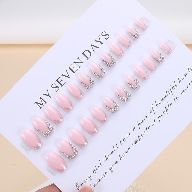 Rhinestone Decor Fake Nails with Nail File & Tape, 24pcs Short Square False Nails for Women & Girls DIY Nail Art, Effortless Press on Nails, Nail Supplies, Christmas, Christmas Gift