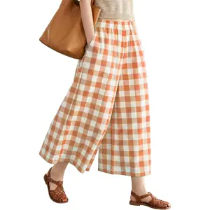 Capri Pants for Women Wide Leg Pants Elastic Waist Gaucho Culottes Summer Flowy Palazzo Pant with Pockets