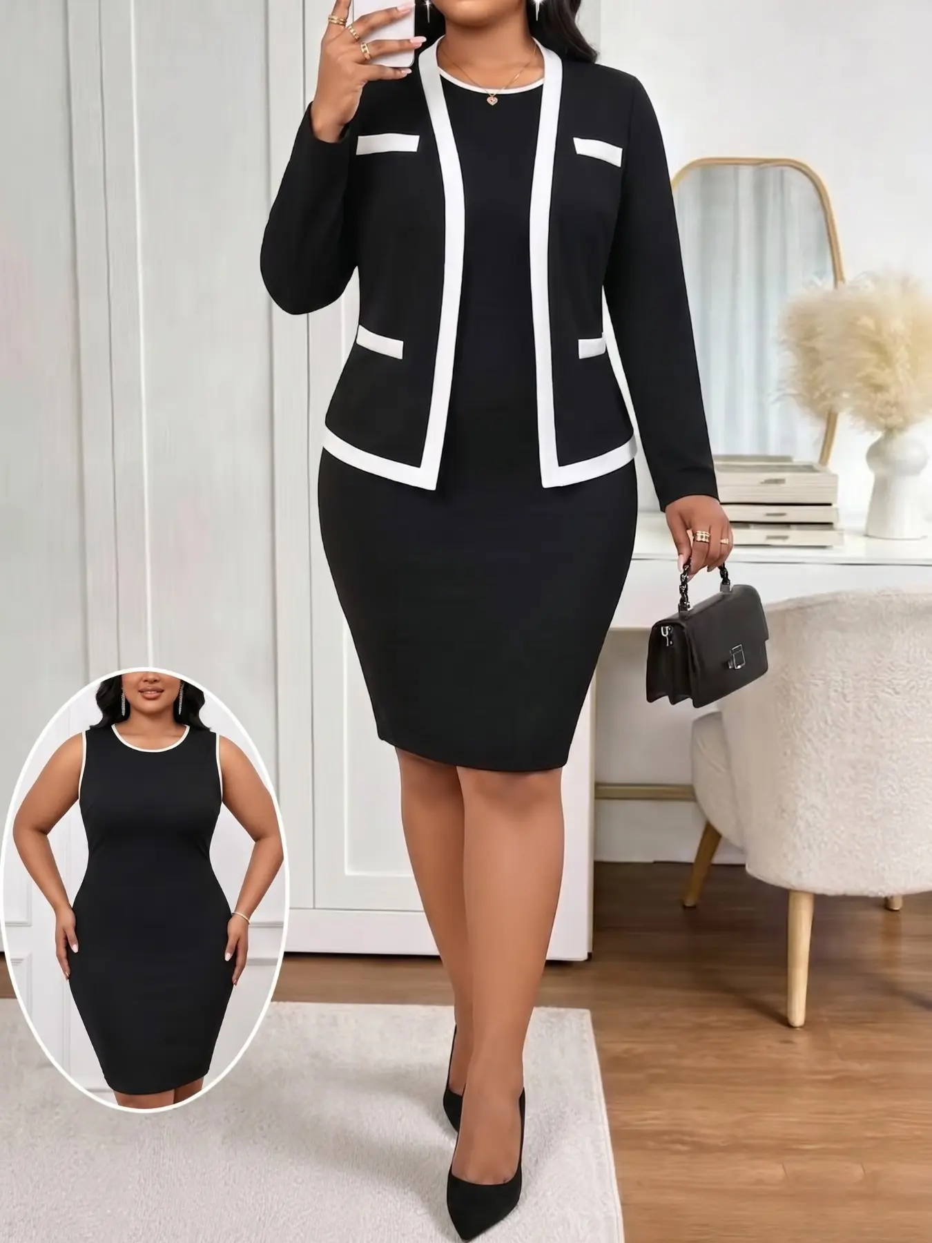 Women's dress set: A two-piece set featuring a color-blocked round-neck sleeveless dress paired with a long-sleeved cardigan with faux pockets, Chic, stylish, comfortable, trendy, and beautiful, with a Korean style, perfect for dates, dinners, parties