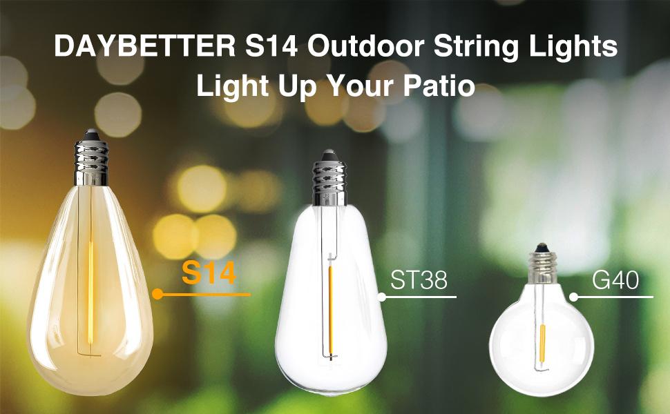 Daybetter Outdoor String S14 Led Garden Lamp Edison Vintage Bulb, Connectable Outdoor String Suitable for Porch Backyard Tavern, Waterproof and Shatterproof