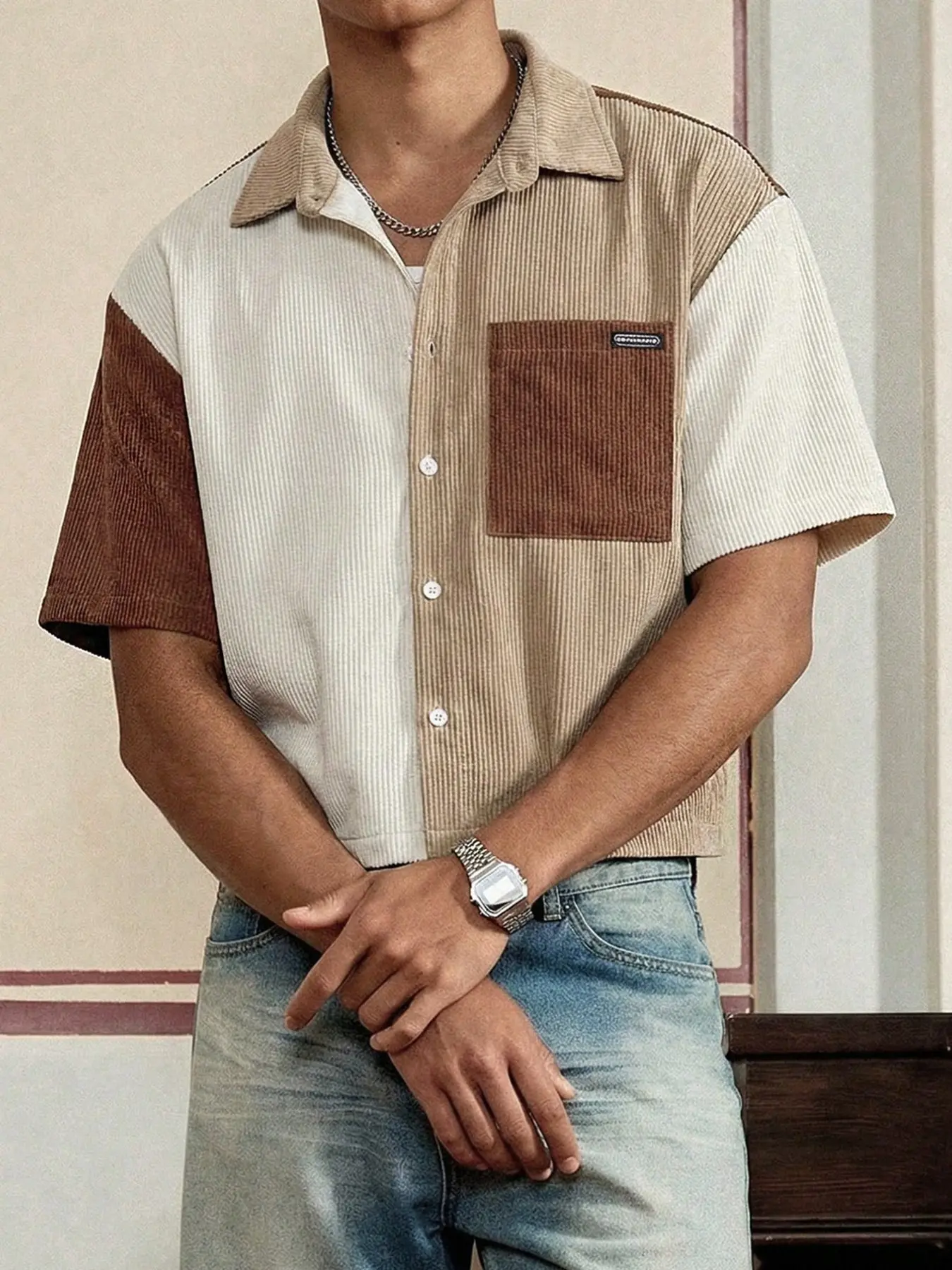 Vintage Color Block Corduroy Short Sleeve Shirt, Men's Patchwork Lapel Pocket Casual Top, Loose-Fitting Street Style