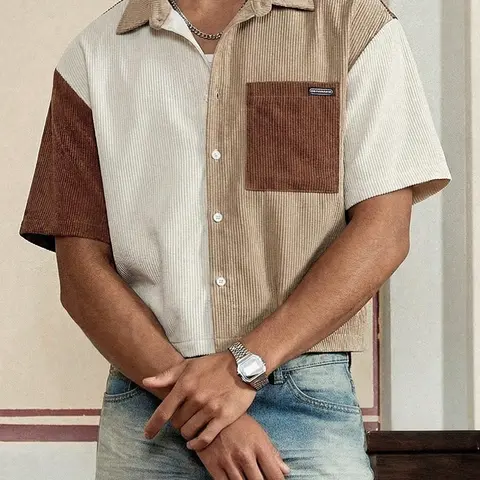 Vintage Corduroy Short Sleeve Shirt, Summer Shirts, Men's Patchwork Lapel Pocket Casual Top, Loose-Fitting Street Style
