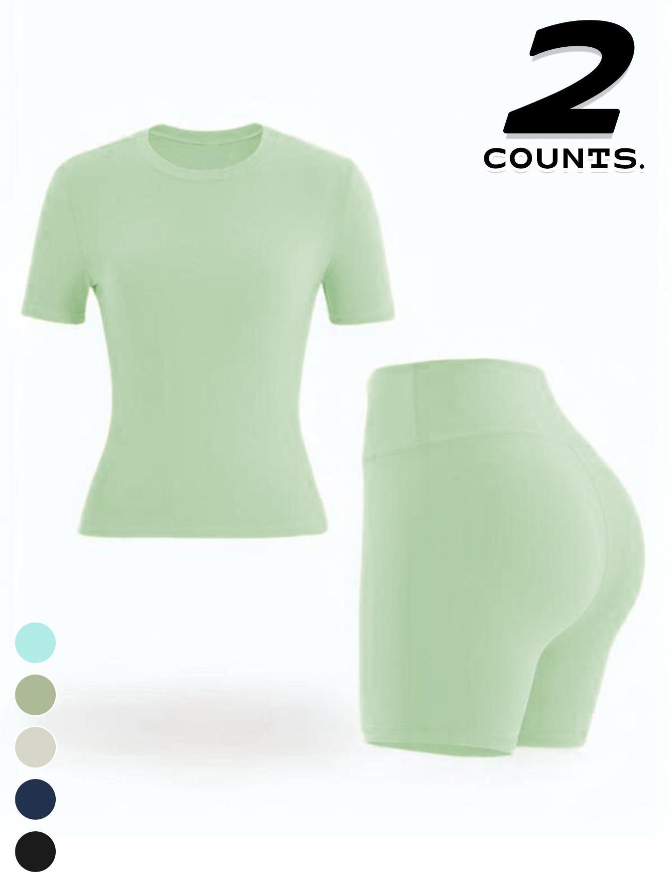 Women's Two-piece Set, Solid Color Tee & High Waist Skinny Shorts Tracksuit Set, Sporty Casual Breathable Set for Yoga Gym, Ladies Summer Sportswear, Activewear, Workout Running Clothes