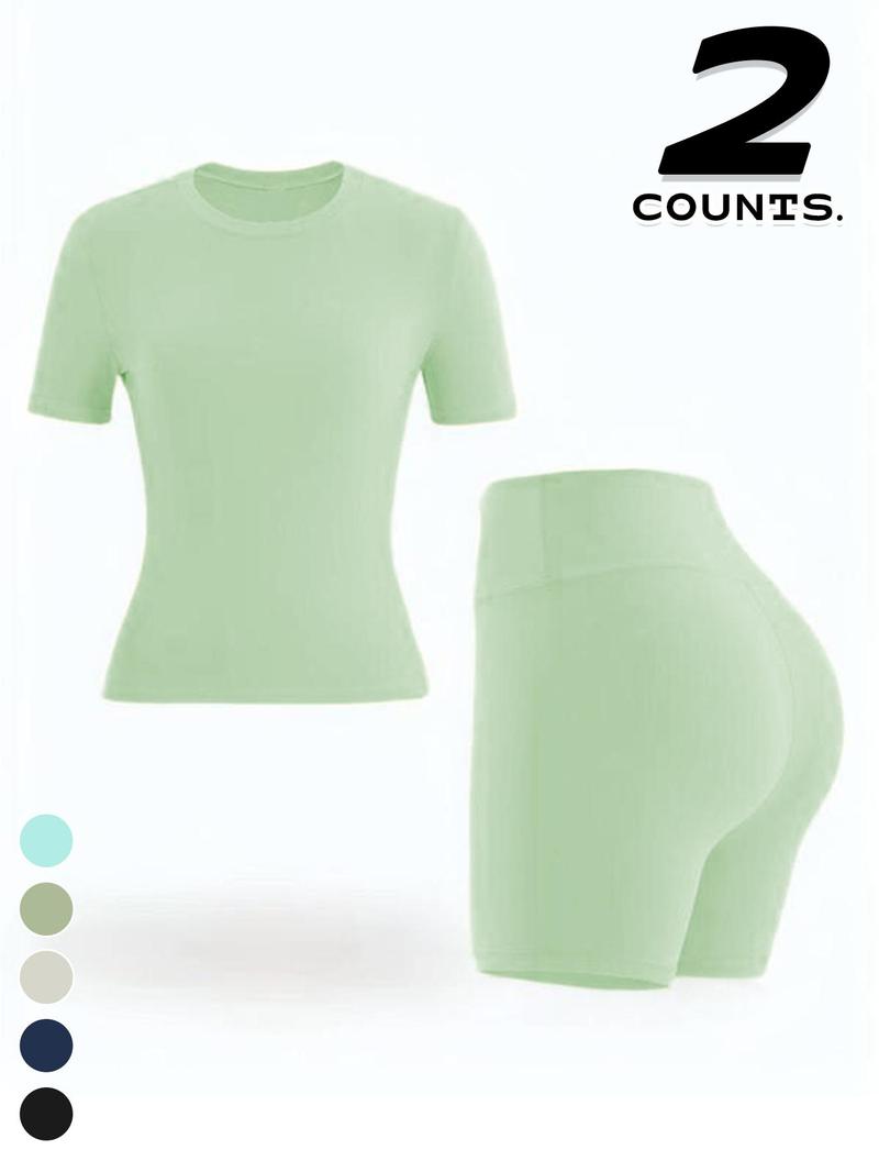 Women's Two-piece Set, Solid Color Tee & High Waist Skinny Shorts Tracksuit Set, Sporty Casual Breathable Set for Yoga Gym, Ladies Summer Sportswear, Activewear, Workout Running Clothes