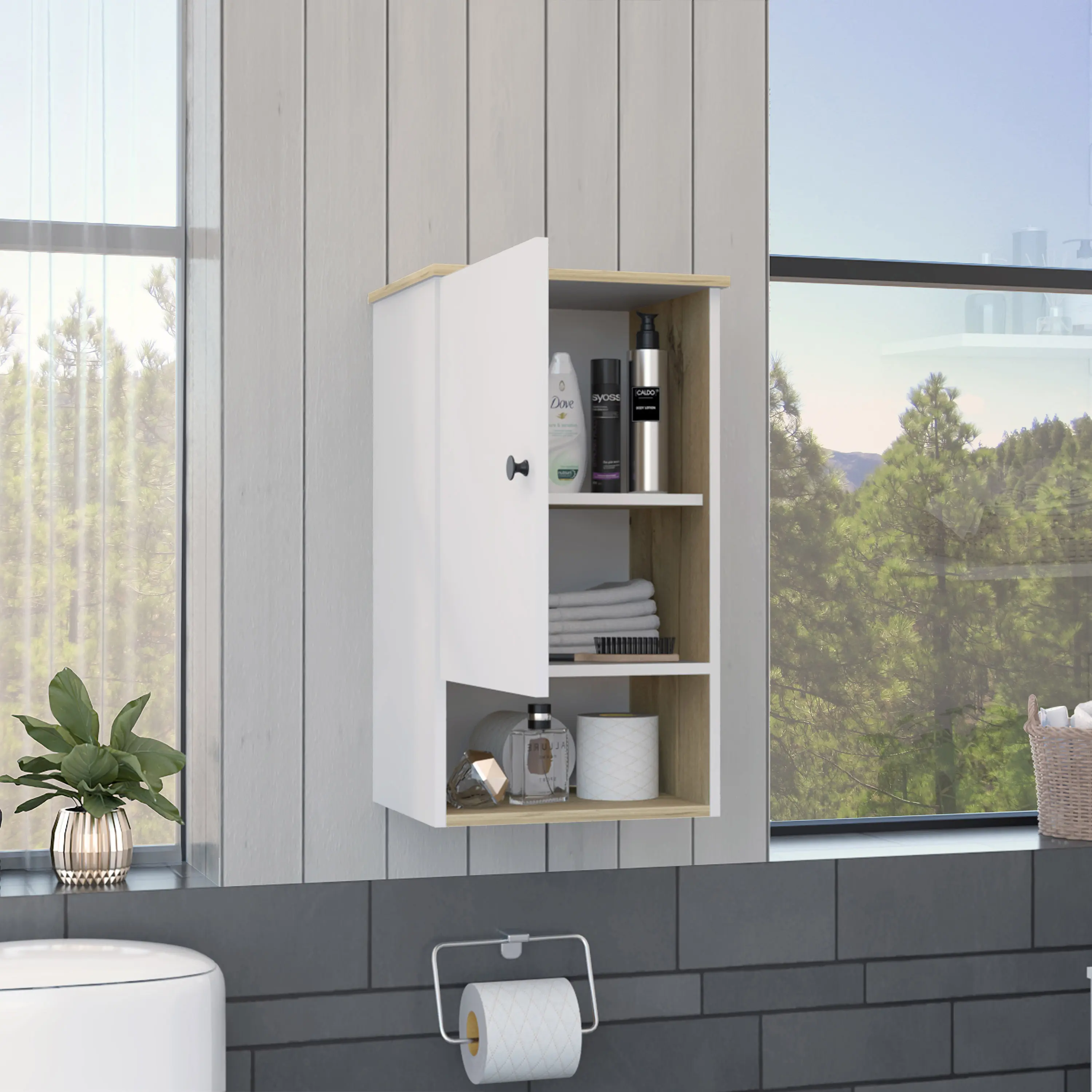 Nokaa Medicine Cabinet Single Door Wall Mount 28.5" H Particle Board Light Oak/White Finish with One Open Shelf & Two Interior Shelves Soft Close Hinge Bathroom Storage Organizer for Toiletries First Aid Supplies, Multicolor Color Options