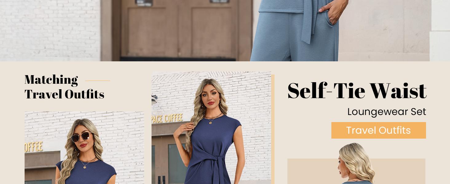 Casly Lamiit Women's 2 Piece Set - Soft Fabric Round Neck Cap Sleeve Top with Belted Tie & Crop Wide Leg Pants - Versatile Travel & Everyday Wear #Springfresh Casly Lamiit Women's 2 Piece Set - Soft Fabric Round Neck Cap Sleeve Top with Belted Tie & Crop Wide Leg Pants - Versatile Travel & Everyday Wear #Springfresh
