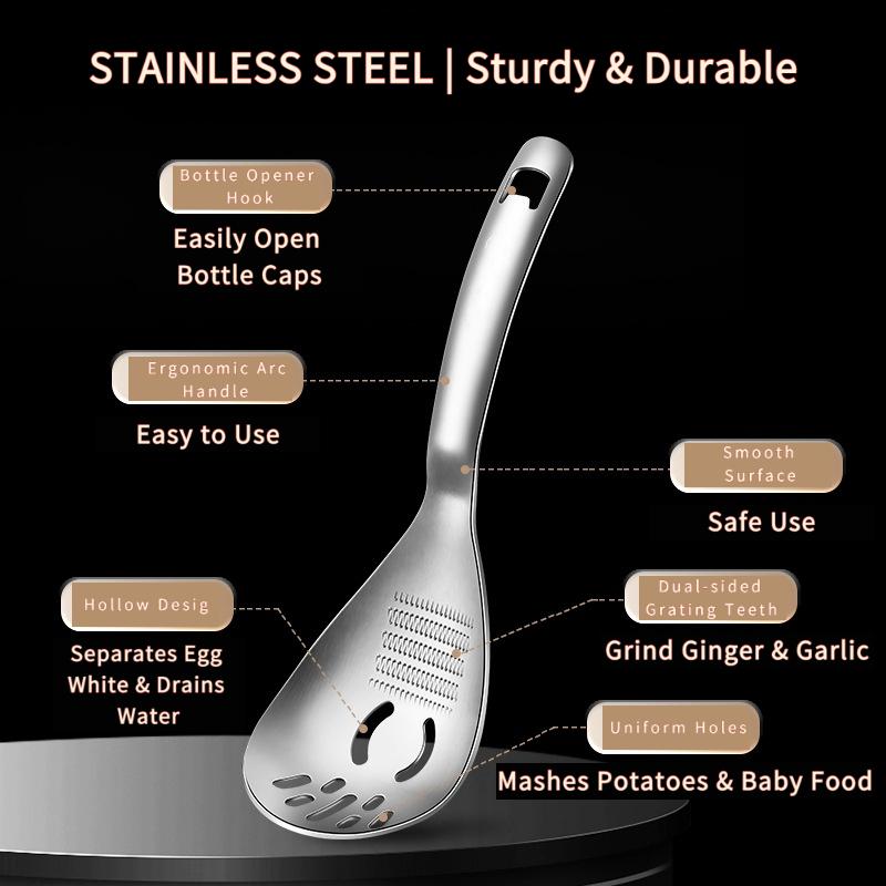 Stainless Steel Multi-Function Grating Spoon Garlic Mincer Ginger Grinder Baby Food Masher Slotted Spoon for Kitchen