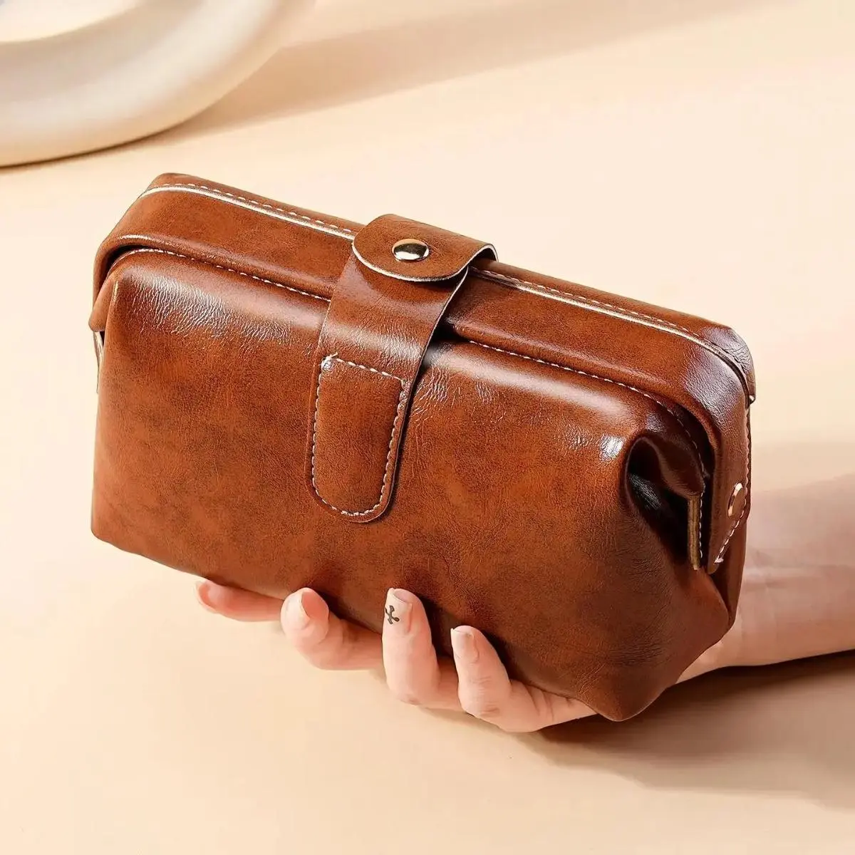 Women's Elegant Plain Oil Wax Leather Wristlet Clutch Wallet, High-Capacity Waterproof Cosmetic Pouch for Wedding