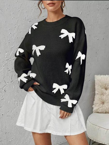 Fashion Bow Print Casual Loose Knitted Sweater Pullover Autumn/Winter Women Pullovers New Full Sleeve Knitwear