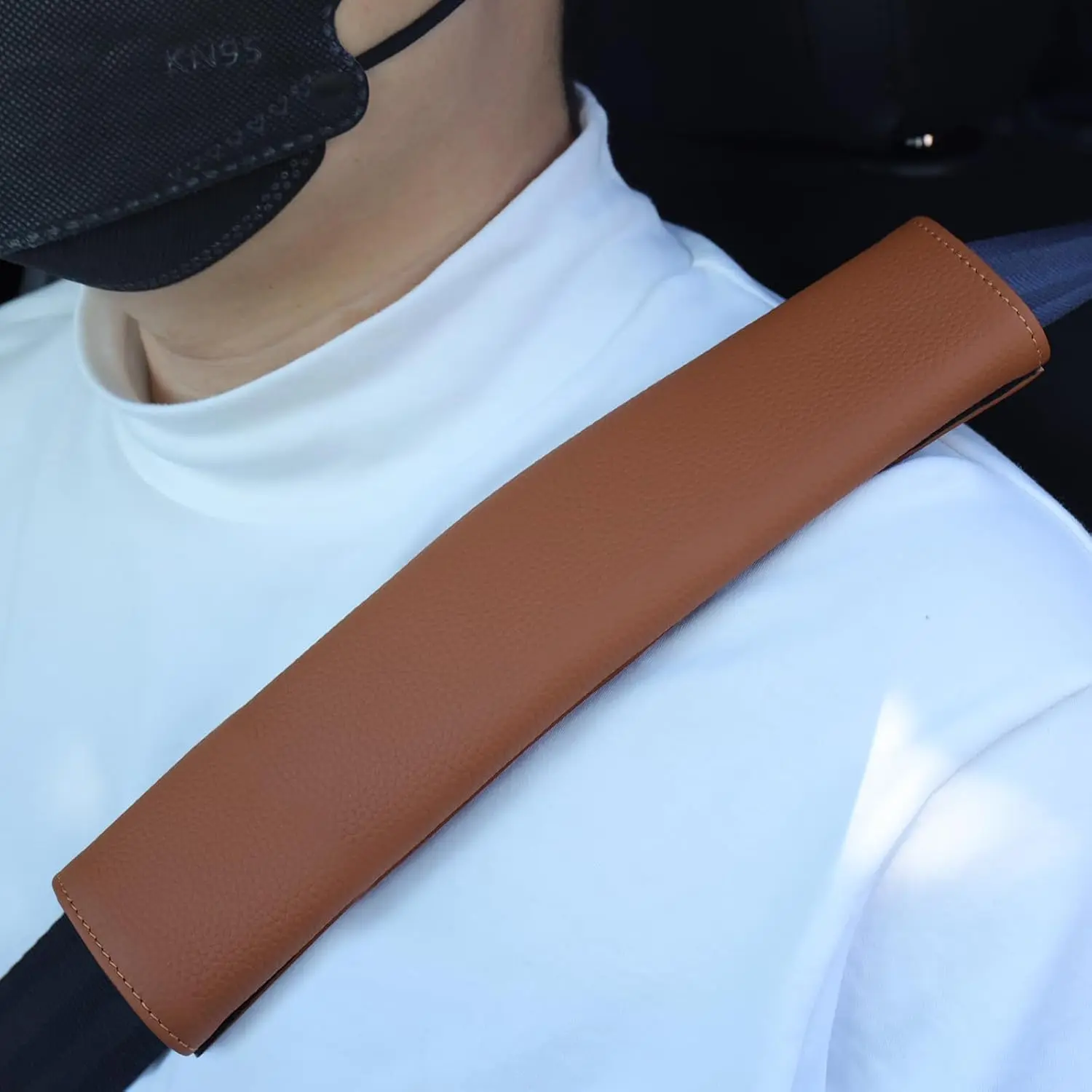 Soft Leather Seat Belt Covers for Adults, 12.4in Tool-Free Friction Guard Driving Safety Cushion with Pad Cover for SUV (SC01Brown-1Pack), Cushion Covers
