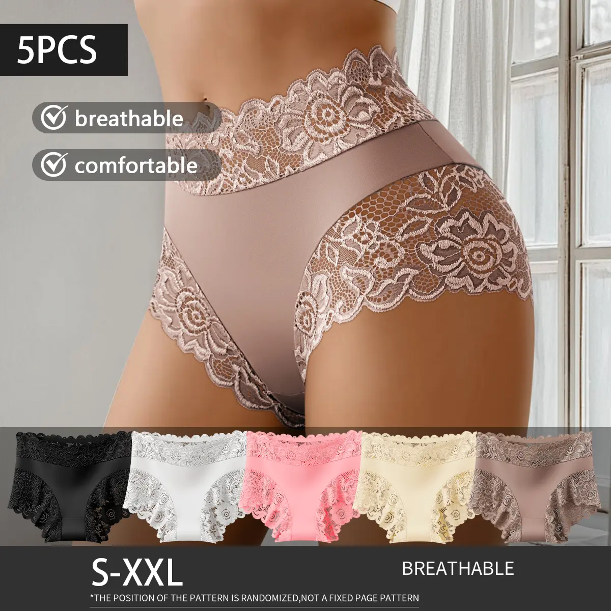 QUASTI 5 Pack Women'S Mid-Waist Silky Lace Panties, Lightweight Breathable Soft Stretch Solid Color Feminine Briefs, Fashion No Show Full Coverage Everyday Intimates, S-XXL